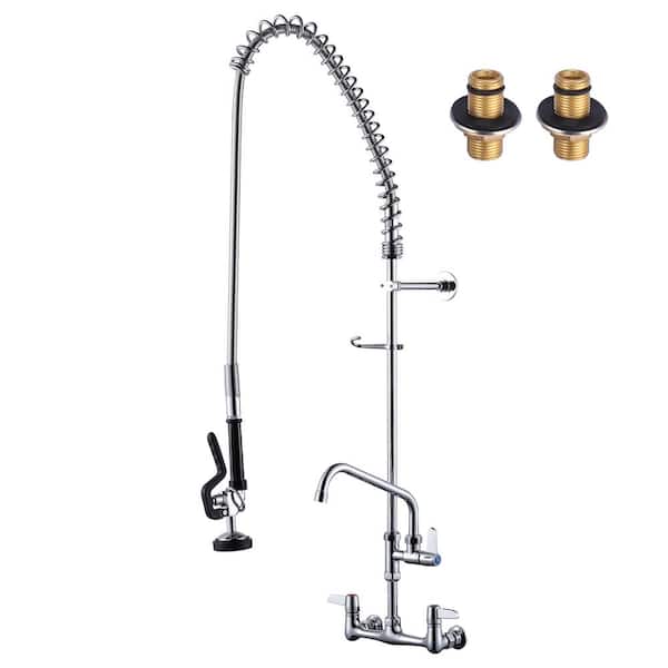 WOWOW Solid Brass 43 in. H Commercial Triple-Handle Pull Down Sprayer Kitchen Faucet with Pre-Rinse Sprayer in Polished Chrome