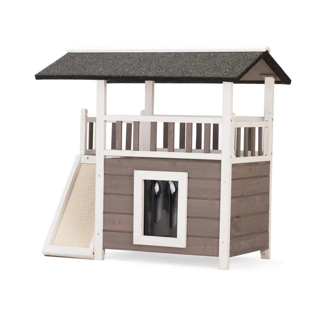 2-Tier Outdoor Wooden Dog House, Weatherproof Dog Hutch with A Large Balcon
