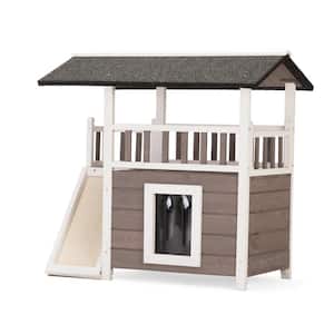 2-Tier Outdoor Wooden Dog House, Weatherproof Dog Hutch with A Large Balcony, Sisal Scratching Pad Ladder, Gift for Pets