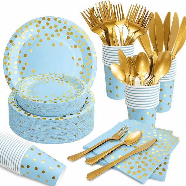 Disposable Party Pack, 175-Piece Light Blue Gold Polka Dot Paper and Plastic, Kitchen Dinnerware Plates Cups Cutlery Set