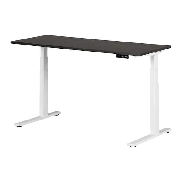 South Shore Ezra Adjustable Height Standing Desk, 59.5 in. Rectangular Gray Oak and White Melamine Desk 59.5 in. Adjustable