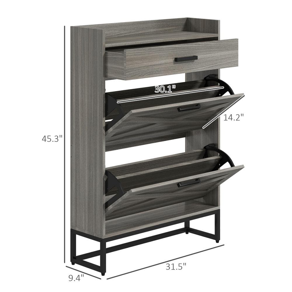 Distressed Gray Wood and Metal Slim Shoe Cabinet with Adjustable Shelves