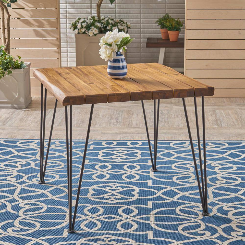 Teak and Iron Square Outdoor Dining Table with Hairpin Legs