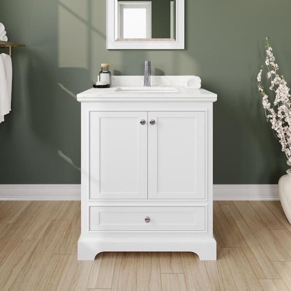 Deborah 30"W x 22"D Single Vanity in White w/ Cultured Marble Vanity Top in LightVein Carrara w/ Basin & Mirror