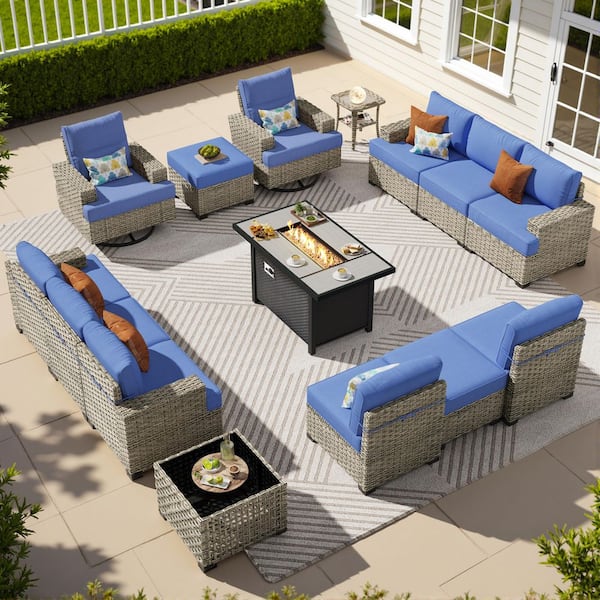 Verdantia 15 Pieces Wicker Rectangular Fire Pit Sets and Swivel Rocking Chairs with Navy Blue Cushion