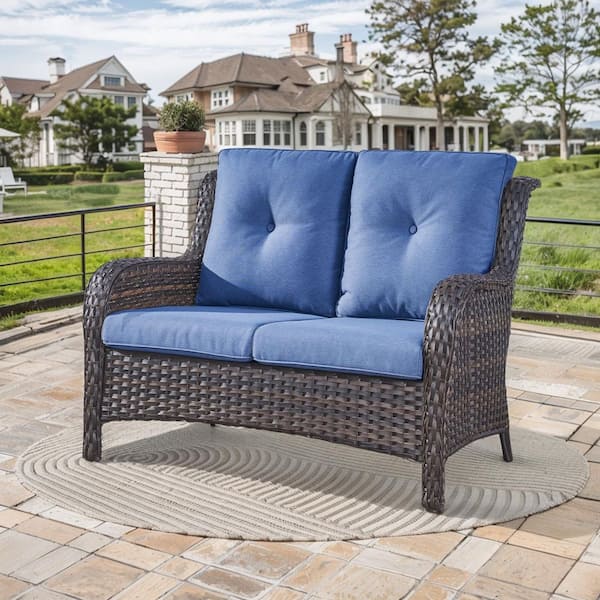 ArcoBay 51.5-Inch Brown Wicker and Metal Frame Outdoor Patio Loveseat with Navy Blue Cushions