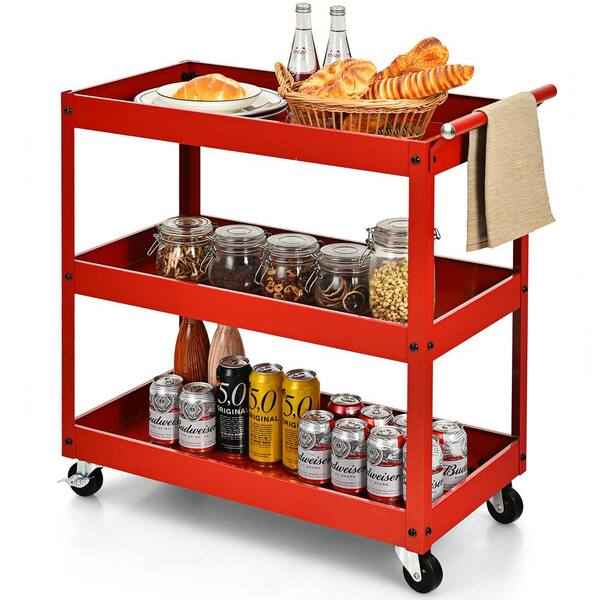 Costway - - 3-Tier Metal Utility Cart 400 Lbs. Storage Service Trolley Tool Storage In Red - View #13