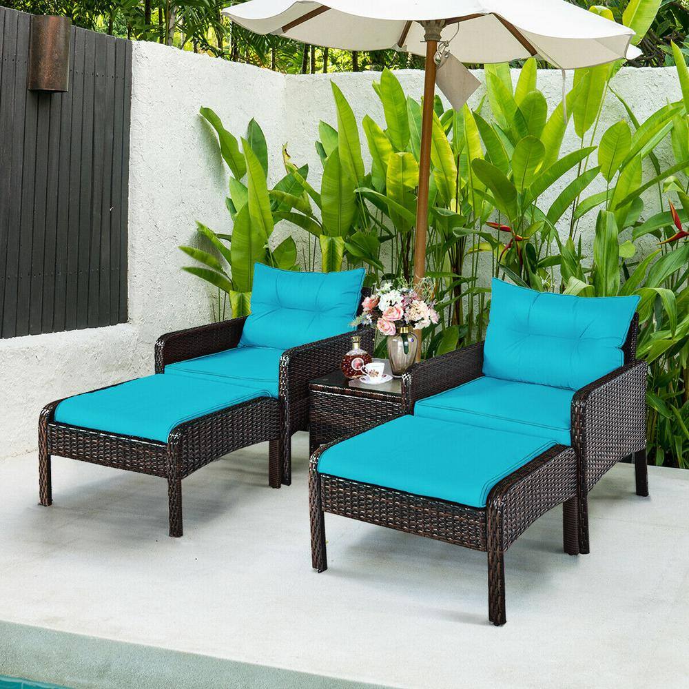 Turquoise 5-Piece Outdoor Rattan Conversation Set with Cushions
