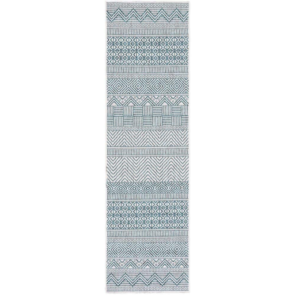 Courtyard Ivory/Turquoise 2 ft. x 8 ft. Striped Tribal Chevron Indoor/Outdoor Runner Rug price history on PriceWatchPro