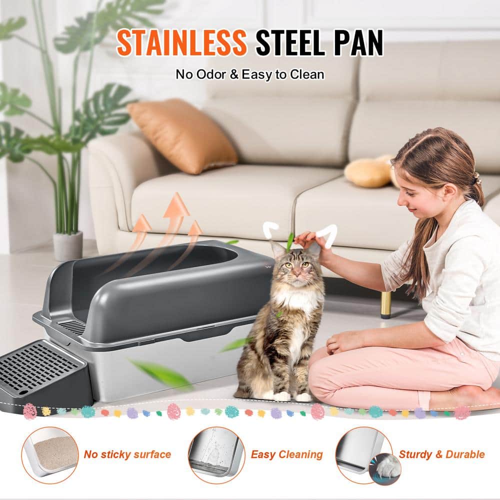 Extra Large Dark Gray Stainless Steel Covered Cat Litter Box with Scoop