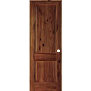 32 in. x 96 in. Knotty Alder 2 Panel Left-Hand Square Top V-Groove Red Chestnut Stain Wood Single Prehung Interior Door