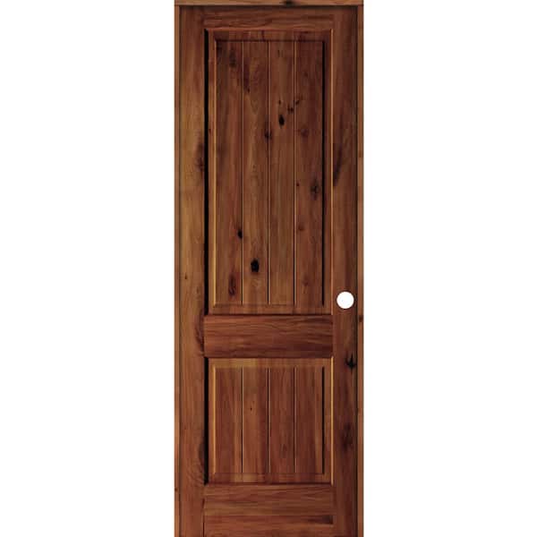 Krosswood Doors 32 in. x 96 in. Knotty Alder 2 Panel Left-Hand Square Top V-Groove Red Chestnut Stain Wood Single Prehung Interior Door