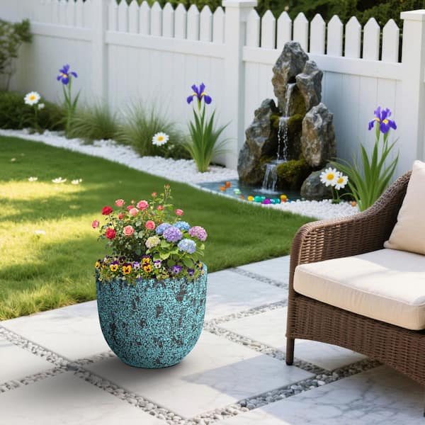 18 in. Large Concrete Round Planter / Pot with Drainage Hole, Turquoise(Upgraded Interior)