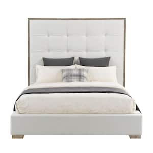 Remi Ivory White Wooden Frame King Size Platform Bed with Tufted Stain-Resistant Fabric Feature