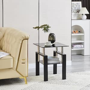 2-Piece Tempered Black Glass Sofa Table, Black Noghtstand with Metal Leg for Living Room