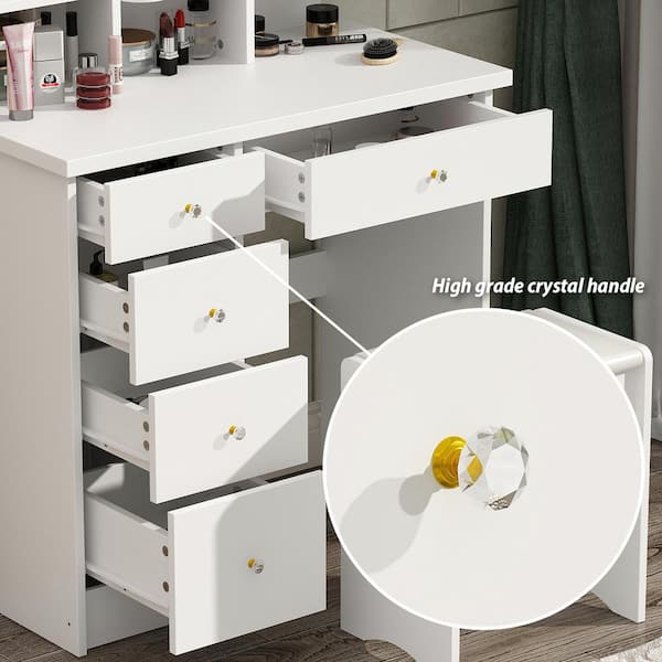 5-Drawers White Makeup Vanity Sets Dressing Table Sets With Stool, Mirror,  LED Light and 3-Tier Storage Shelves