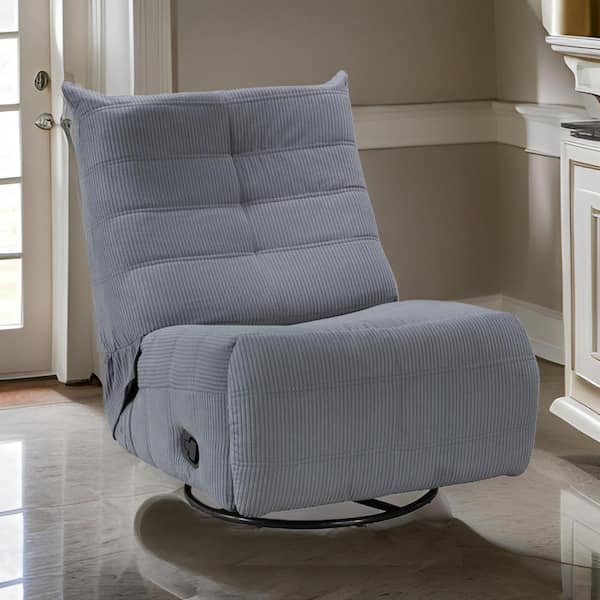 Benjara Tufted Blue Gray Corduroy Swivel Recliner with Solid Wood
