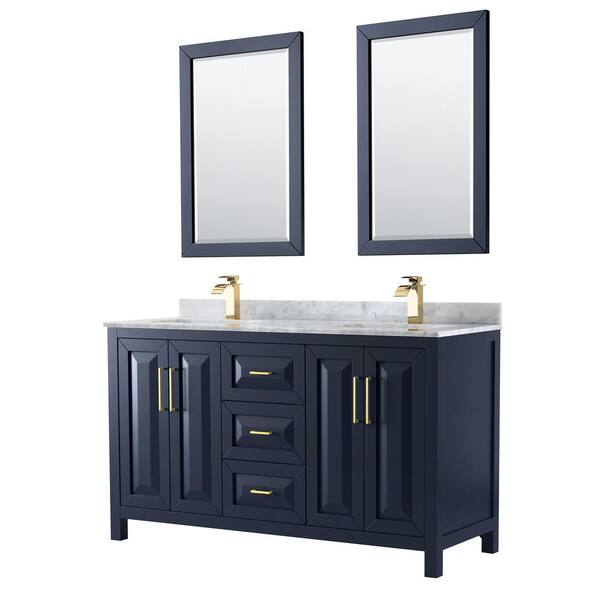 Wyndham Collection Daria 60 in. Double Vanity in Dark Blue with Marble Vanity Top in White Carrara with White Basins and 24 in. Mirrors