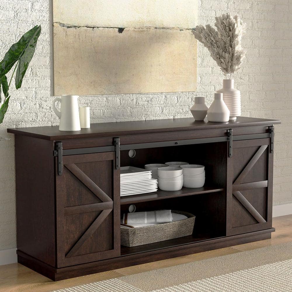 58 in. Espresso Composite TV Stand Living Room Hub Fits TVs up to 65 in. with Sliding Barn Door and Adjustable Cabinets