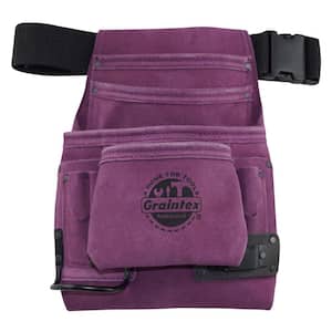 10-Pocket Suede Leather Nail and Tool Pouch with Belt in Purple