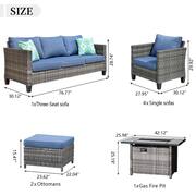 New Star Gray 8-Piece Wicker Patio Rectangle Fire Pit Conversation Seating Set with Blue Cushions