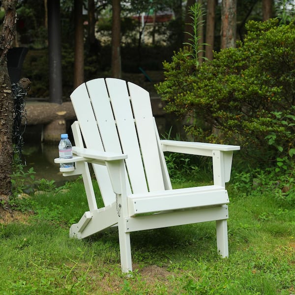 White HDPE Folding Adirondack Chair With One Integrated Cup Holder
