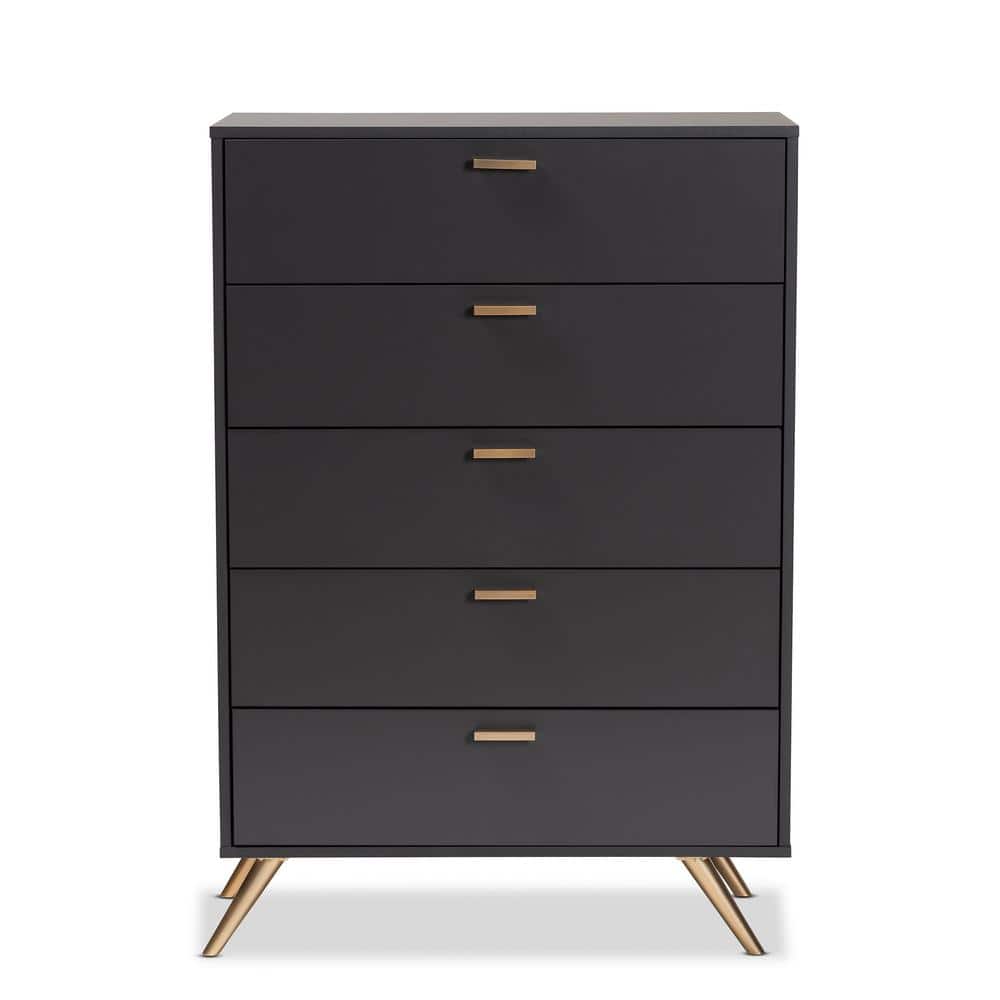 Kelson Dark Gray and Gold 5-Drawer Wood Chest