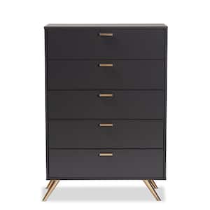 Kelson 5-Drawer Dark Grey and Gold Chest of Drawers (46.1 in. H x 32.5 in. W x 15.75 in. D)