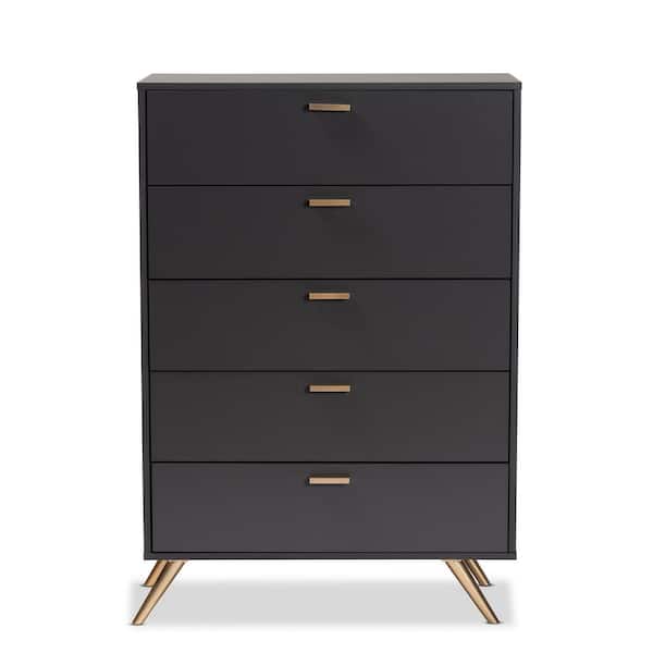 Baxton Studio Kelson 5-Drawer Dark Grey and Gold Chest of Drawers (46.1 in. H x 32.5 in. W x 15.75 in. D)