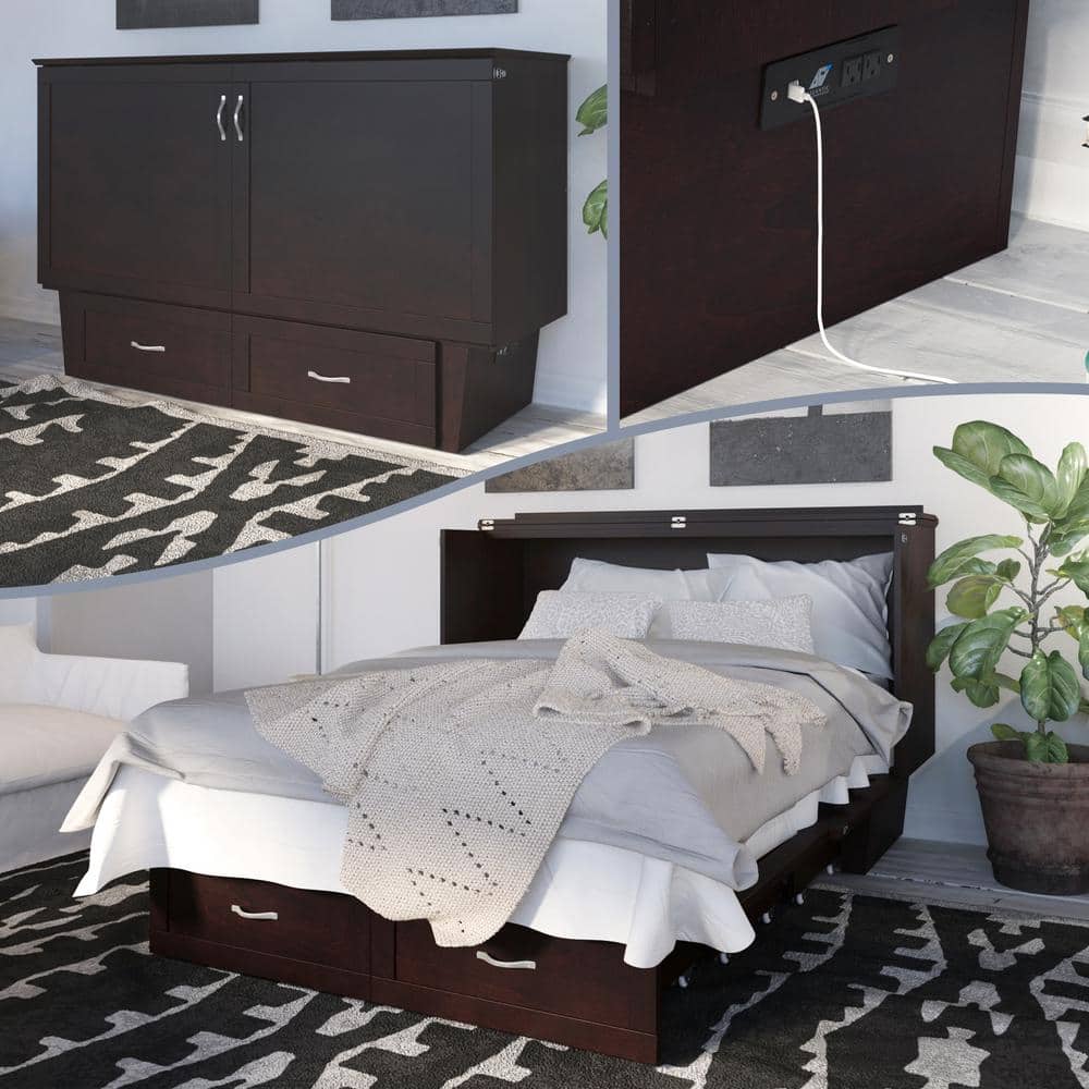 Espresso Queen Murphy Bed Chest with Memory Foam Mattress and USB Charging