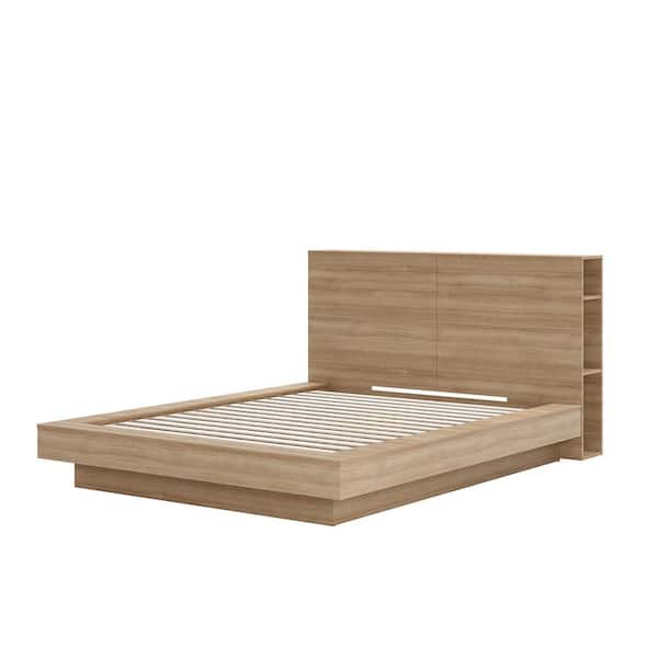 Marconi Brown Oak Wood Frame Queen Size Platform Bed with Storage Headboard