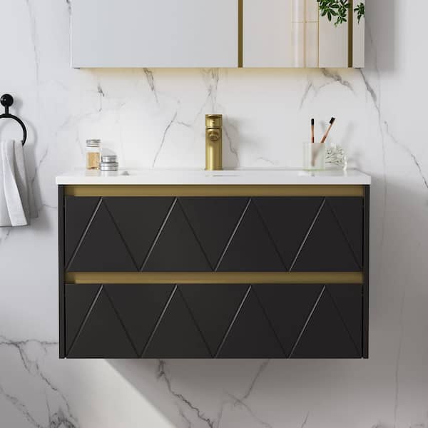 Steve 31 in.W x 19 in.D x 18 in.H Single Sink Wall Mount Bath Vanity in Black with White Solid Surface Top Unassembled