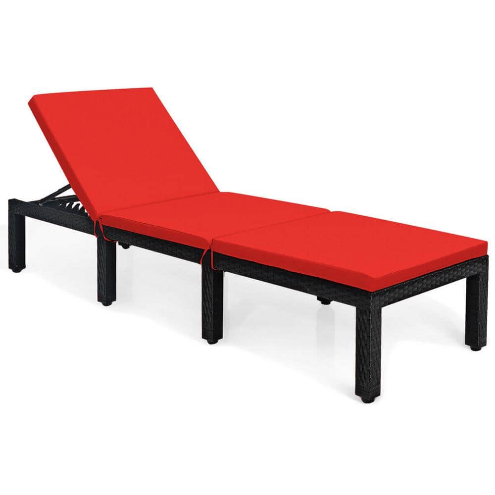 Wicker Outdoor Chaise Lounge with Red and Off White Cushion