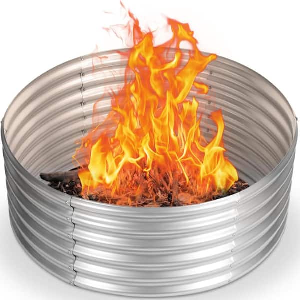 48 in. x 18 in. Fire Pit Ring Galvanized Steel Wood Burning Outdoor Fireplace Silver 1-Piece