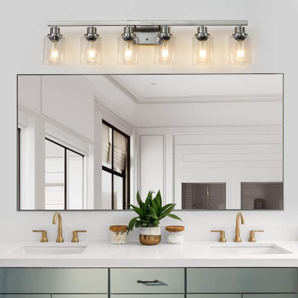 37 in. W 6-Lights Bathroom Wall Sconce Fixture Brushed Nickel Finish with Clear Glass Shades, E26, No Bulbs Included