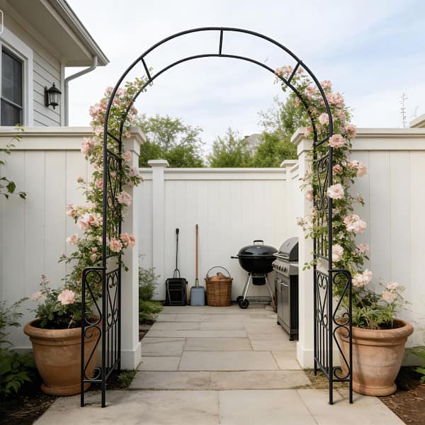 55 in. x 94.5 in. Iron Art Arc Top Iron Arch Arbor Black
