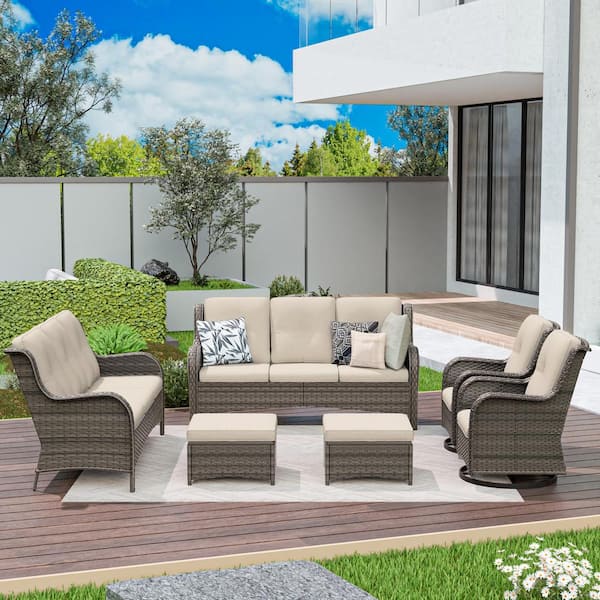 Brown 6-Piece Wicker Patio Conversation Set Rattan Seating Set with Beige Cushion