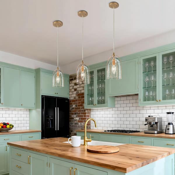 Modern Gold Bell Mini Dining Room Pendant Light, 1-Light 5 in. Mid-century Kitchen Island Light with Seeded Glass Shade