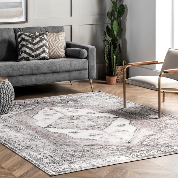 Gladys Light Grey 6 ft. x 6 ft. Machine Washable Vintage Medallion Indoor Square Rug