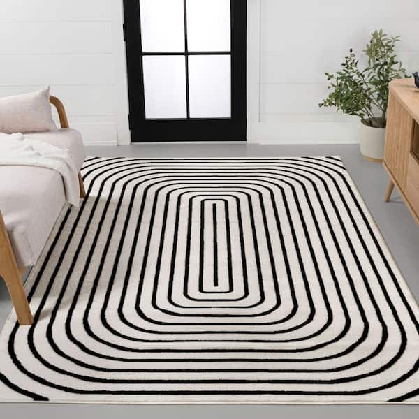 Freya Modern Scandinavian Arch Stripe Monotone High-Low Black/White 5 ft. x 8 ft. Area Rug