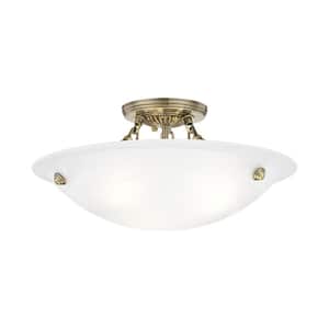 Oasis 16 in. 3-Light Antique Brass Semi Flush Mount with White Alabaster Glass