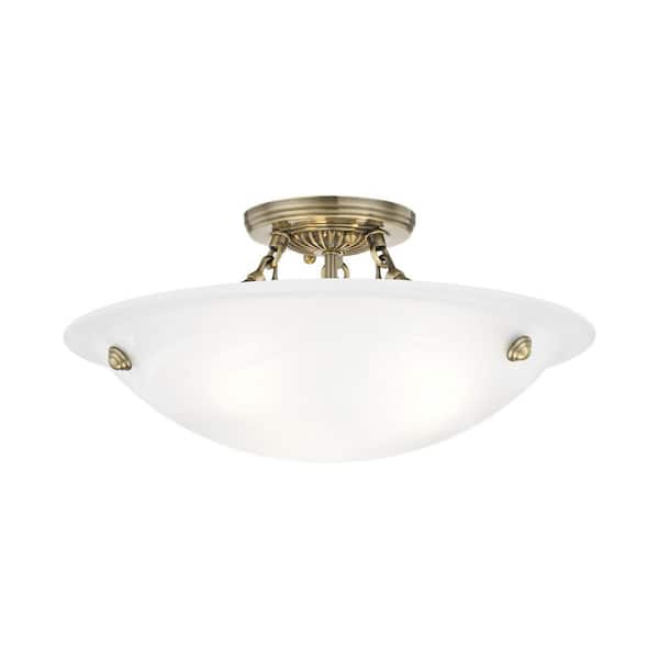 AVIANCE LIGHTING Oasis 16 in. 3-Light Antique Brass Semi Flush Mount with White Alabaster Glass