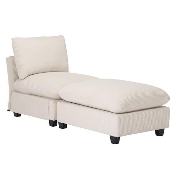 Hamilton Corduroy Upholstered Armless Single Modular Sofa Accent Chair with Footstool Ottoman Set, Cream