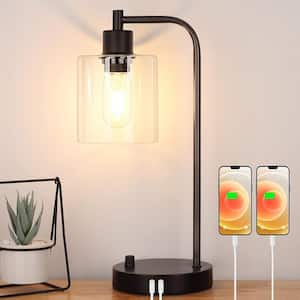 16.14 in. 1-Light Industrial Black Desk Lamp with 2 USB Charging Ports, Fully Stepless Dimmable Desk Lamp w/Glass Shade