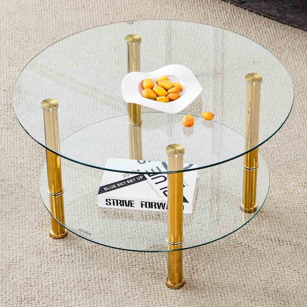 27.5 in. Gold, Transparent Round Glass Coffee Table with 2-Layer Shelf
