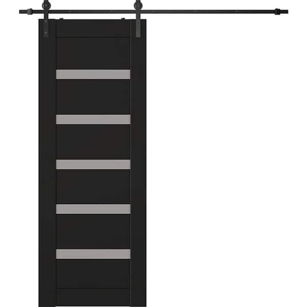 Belldinni Leora 18 in. x 96 in. 7-Lite Frosted Glass Black Matte Wood Composite Sliding Barn Door with Hardware Kit