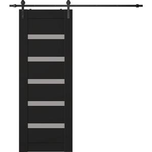 Leora 28 in. x 84 in. 6-Lite Frosted Glass Black Matte Wood Composite Sliding Barn Door with Hardware Kit