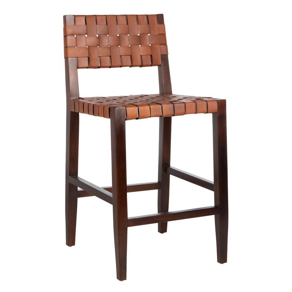 Cognac Woven Leather and Walnut Counter Stool