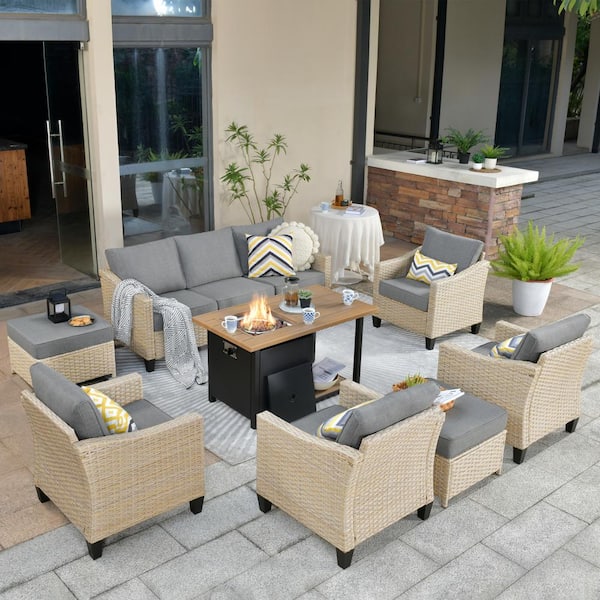 weaxty W Camelia B Beige 8-Piece Wicker Patio New Style Rectangular Fire Pit Seating Set with Dark Gray Cushions