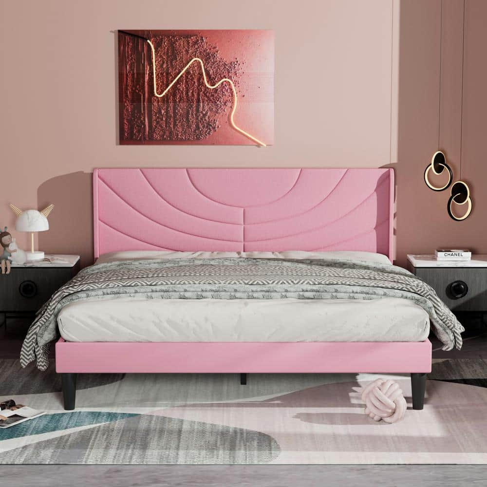 VECELO Upholstered Bed Pink Metal Frame Queen Platform Bed with Headboard  Wood Slat Support KHD-CY-QB07-PNK - The Home Depot